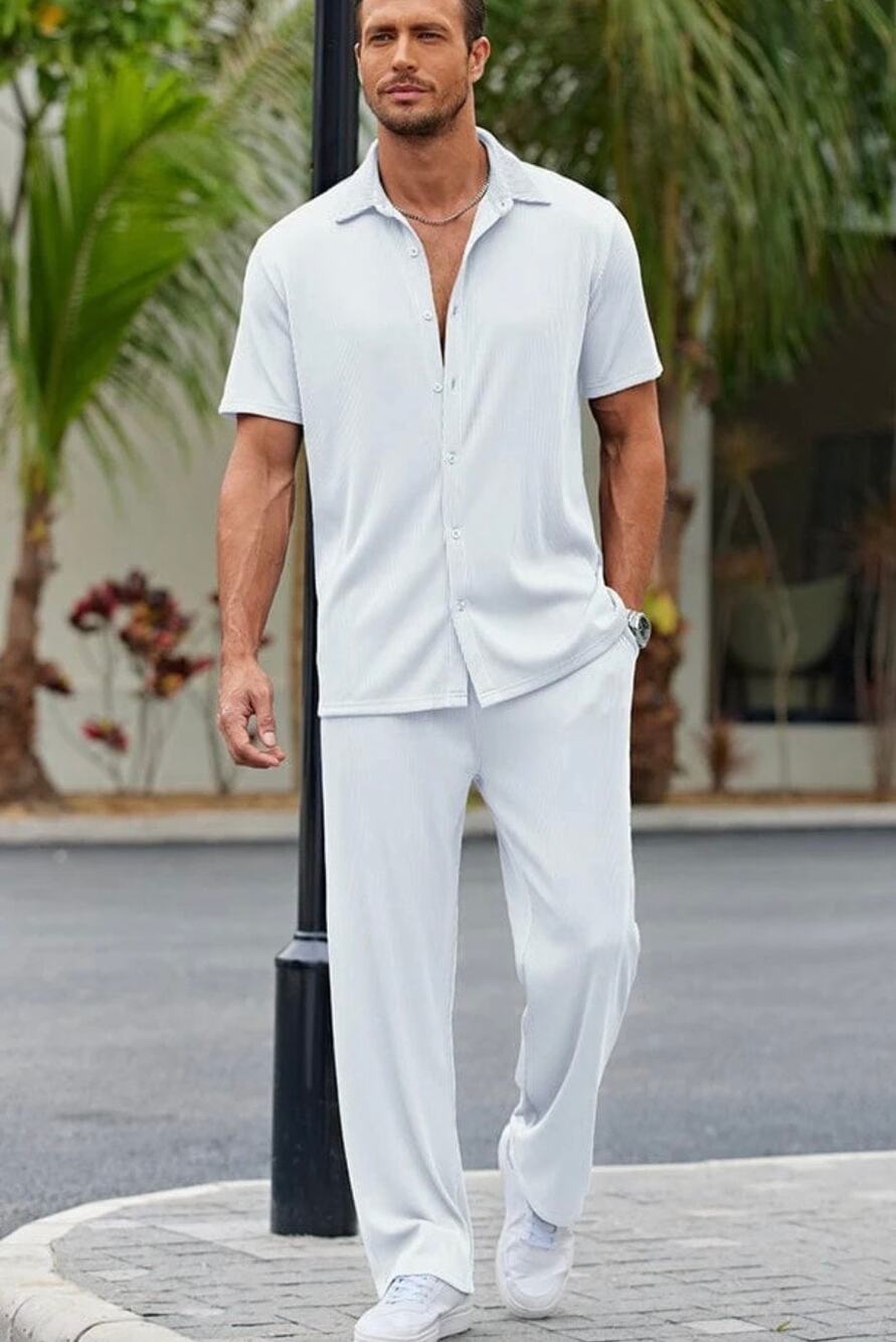 Coofandy Mens 3XL 2 Piece Set Short Sleeve Button Down Shirt Pants Outfit White